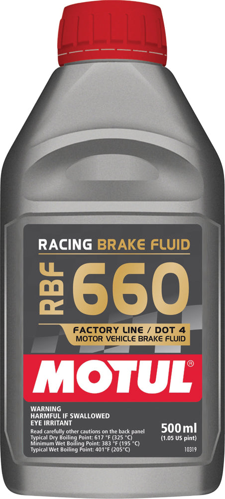 Motul Rbf 660 Racing Brake Fluid 500ml bottle, automotive chemical product with a blue cap and label, designed for high-performance braking systems.