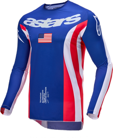 Alpine Star Techstar Union Le Jersey in red, dark blue, and white featuring lightweight fabric and athletic fit.