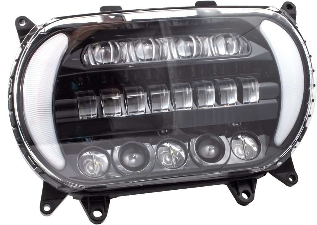 Letric Lighting Co LED sharktooth turn signal light with black chrome filter for motorcycle, model 850-09683, 2015 and up