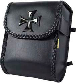 Willie & Max Sissy Bar Bag with Maltese Cross design mounted on motorcycle sissy bar, featuring black leather and metal accents.