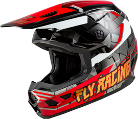 Fly Racing Youth Kinetic Scorched helmet in red, black, and white with aerodynamic design and adjustable straps.