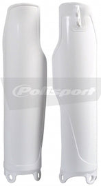 White Polisport Plastics fork guards for motorcycle front suspension, model 64-3832, shown on a bike.