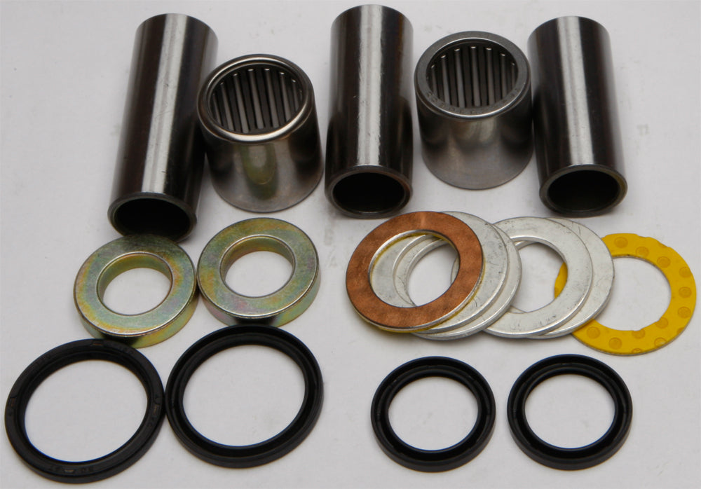 All Balls swingarm bearing kit for suspension, showing various bearings and components in the kit for motorcycle maintenance.