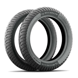 Michelin Reinf City Extra bias ply motorcycle tire 80/90-17 with tread pattern and sidewall details visible.