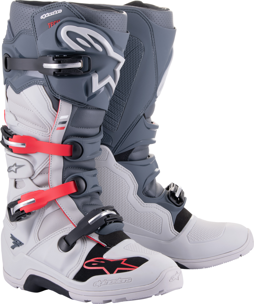 Alpine Star Tech 7 Enduro motorcycle boots in grey and dark grey, size 8, with sturdy design and protective features