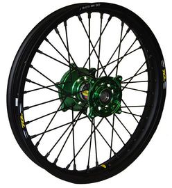 Pro-Wheel rear street bicycle wheel with black rim, green hub, black spokes and nipples, 1.85x19 size