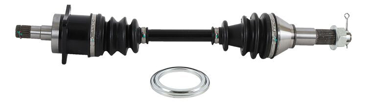 All Balls heavy duty front axle with six ball bearings, sturdy metal construction, and detailed branding, designed for durability.