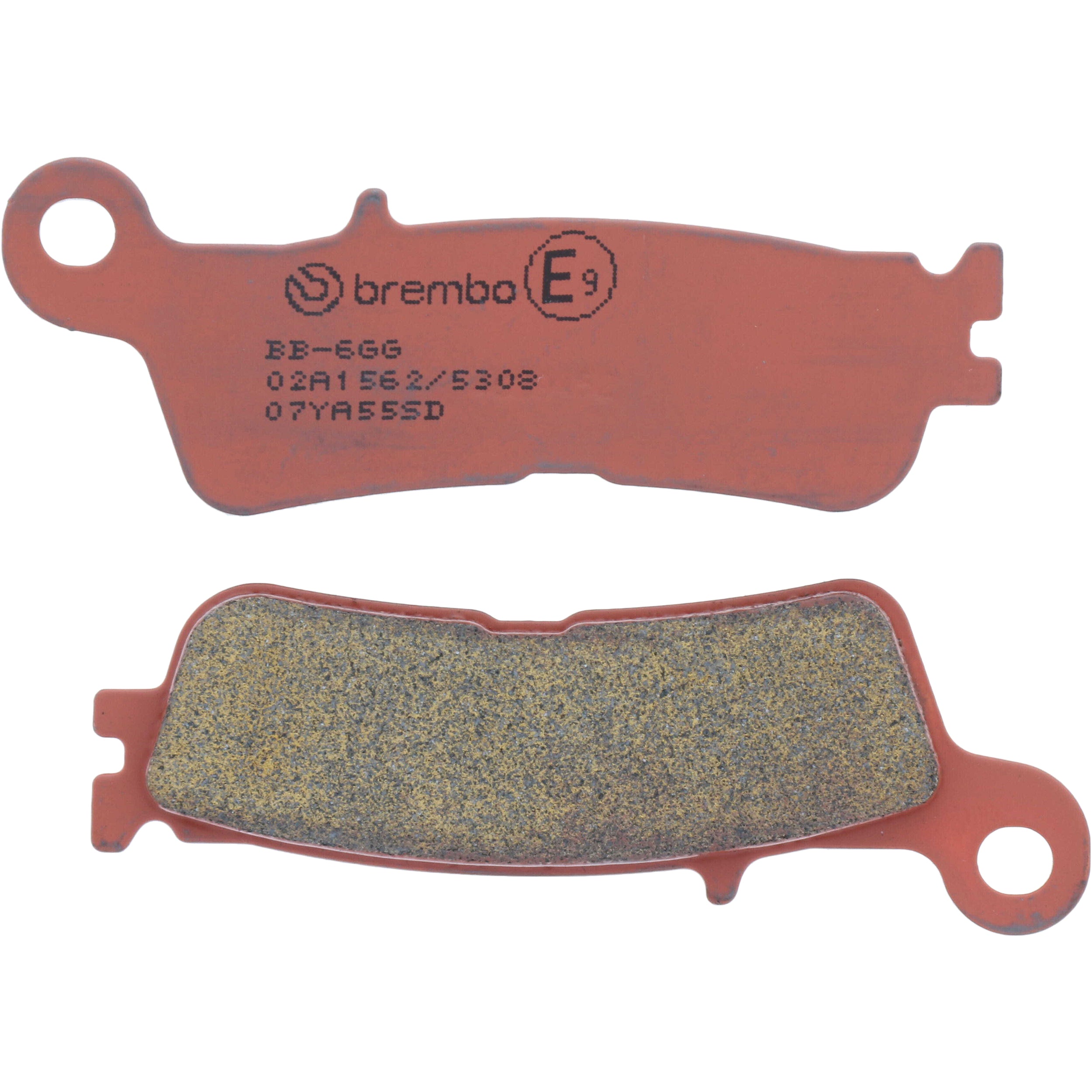 BREMBO Prime SD brake pads in a sintered design, showing the metal backing and friction material for high-performance braking.