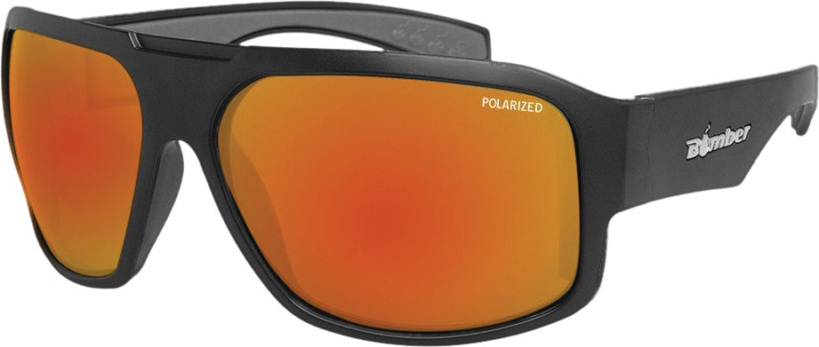 Bomber Mega Bomb Eyewear in matte black with red mirror polarized lenses, showcasing their bold, modern design and reflective surface.
