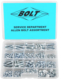 BOLT Allen bolt kit with metal fasteners and fittings, close-up view showing various sizes and finishes for hardware projects.