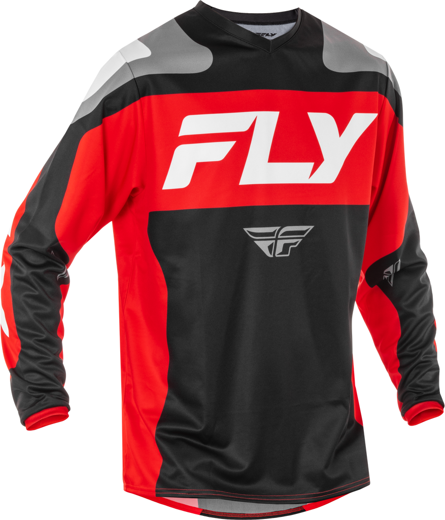 Fly Racing F-16 motorcycle jersey in black, red, and white, XL size, featuring breathable fabric and bold racing design.