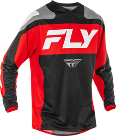 Fly Racing F-16 motorcycle jersey in black, red, and white, XL size, featuring breathable fabric and bold racing design.