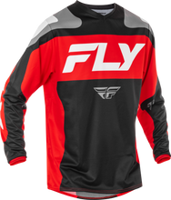 Load image into Gallery viewer, Fly Racing F-16 motocross jersey in black, red, and white, shown with bold graphics and breathable fabric design.
