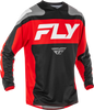 Fly Racing F-16 motocross jersey in black, red, and white, shown with bold graphics and breathable fabric design.