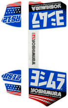 Load image into Gallery viewer, Blue Yoshimura Rs12 Muffler Decals graphics with bold Yoshimura branding on a motorcycle exhaust.