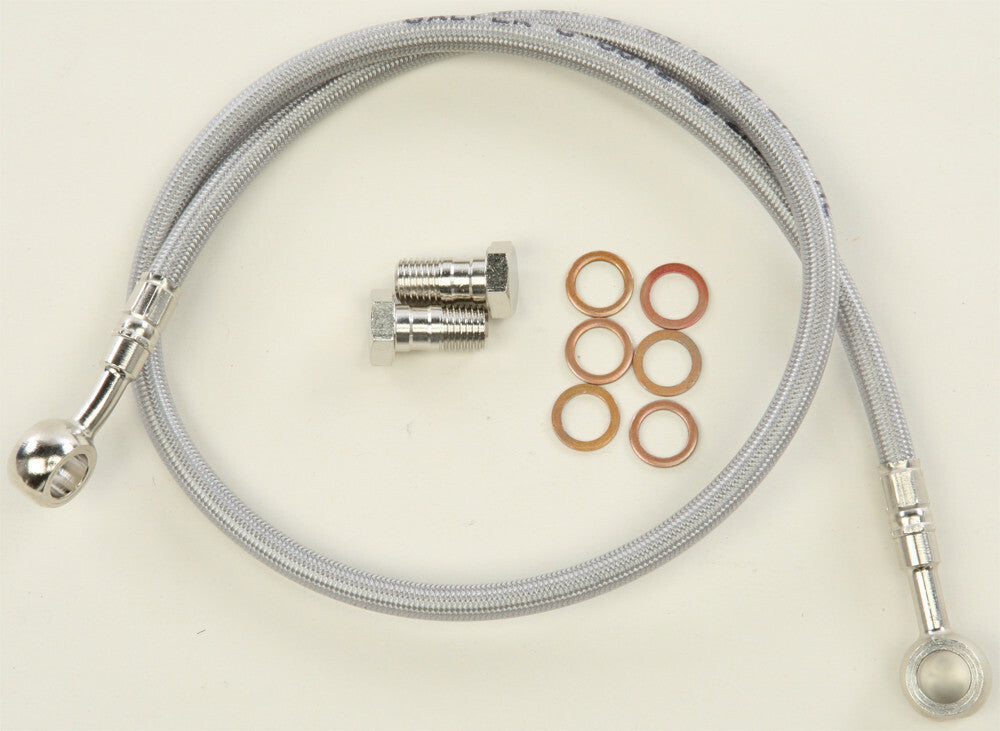 GBRAKES rear brake line YFM model 17-10382 showing the long, flexible brake hose with fittings and connectors for ATV braking system.