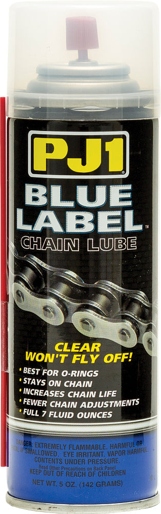 Blue Label Chain Lube by PJ1 Products in a 5oz bottle, designed for motorcycle chains and lubrication.