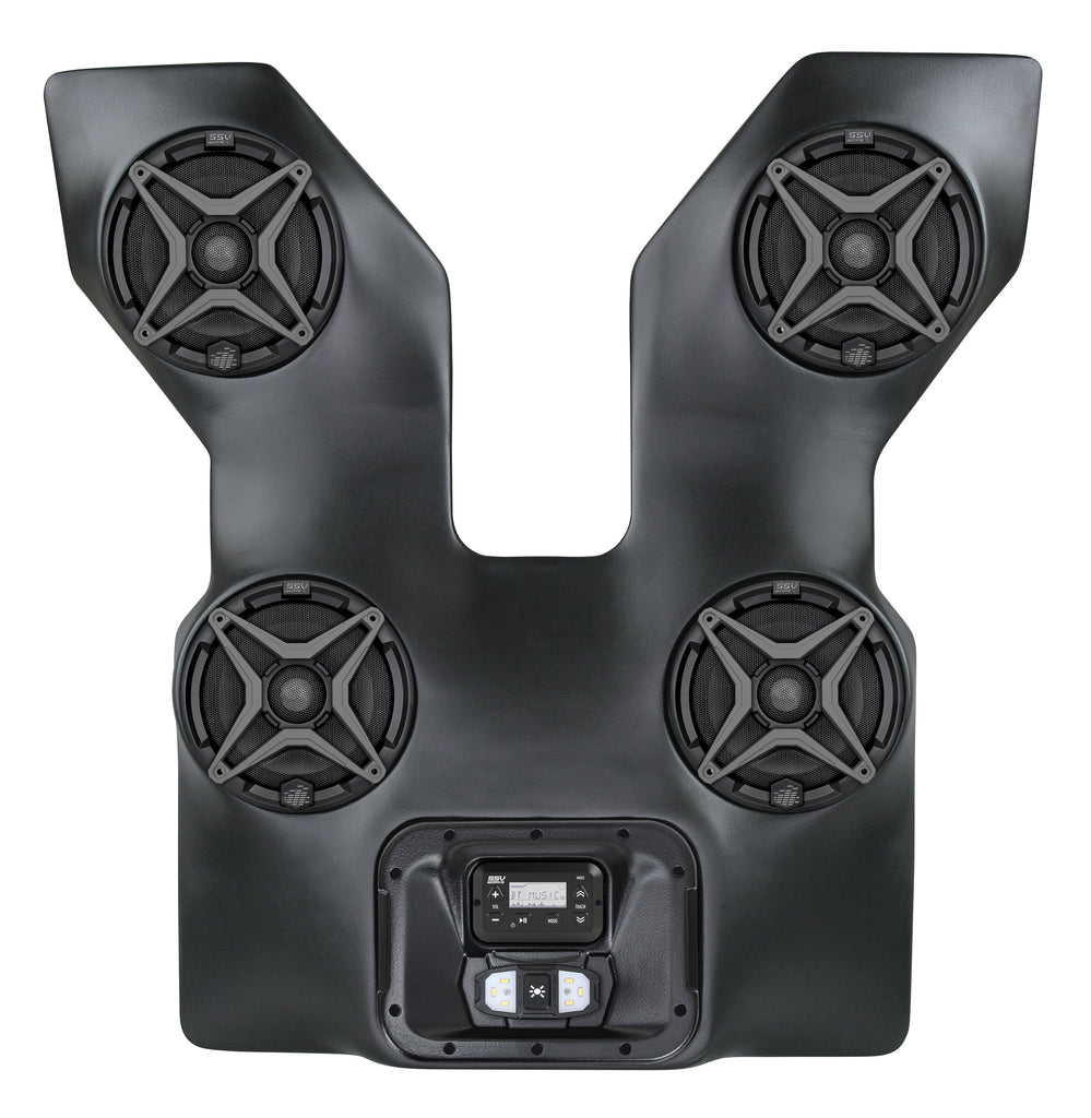 SSV Works Arctic SSV WP3 overhead speaker kit installed in vehicle, showcasing rugged audio system components.