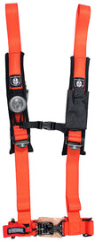 Pro Armor 4-point orange harness with 2-inch pads designed for Polaris RZR off-road vehicles, shown with secure buckles and straps.