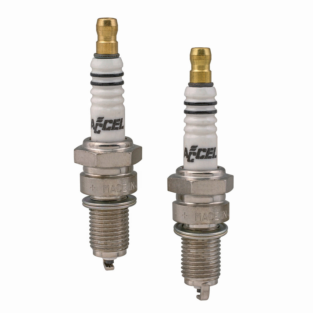 ACCEL Platinum Spark Plugs TC/XL High Performance, showing the sleek metal and ceramic components of the spark plugs.