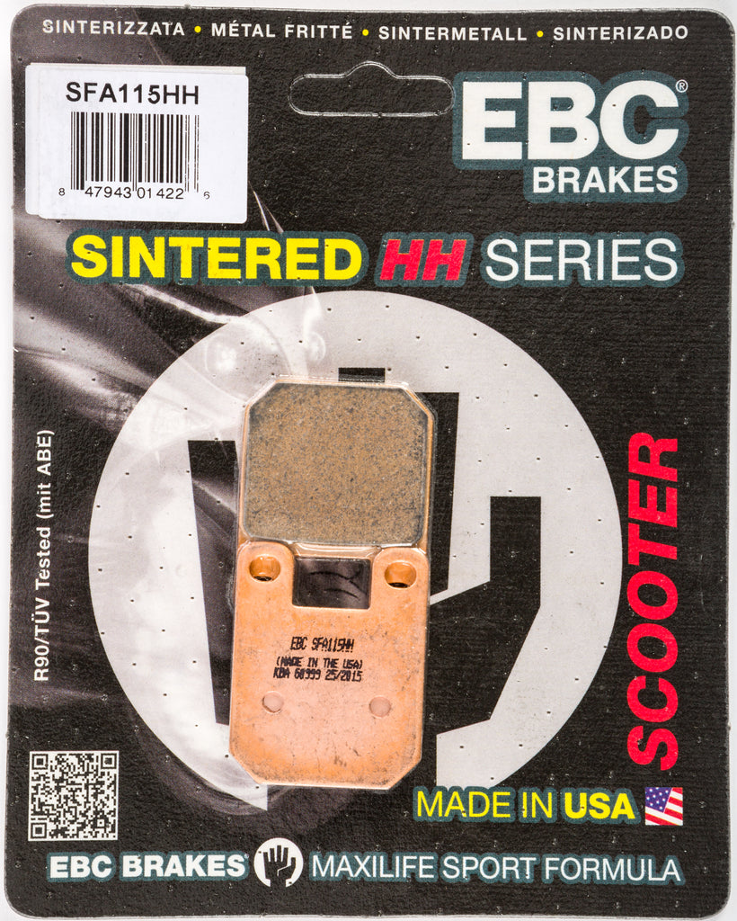 EBC Motorcycle Brakes Sfa115hh Double-H Sintered Brake Pads showing the metallic friction surface and mounting hardware
