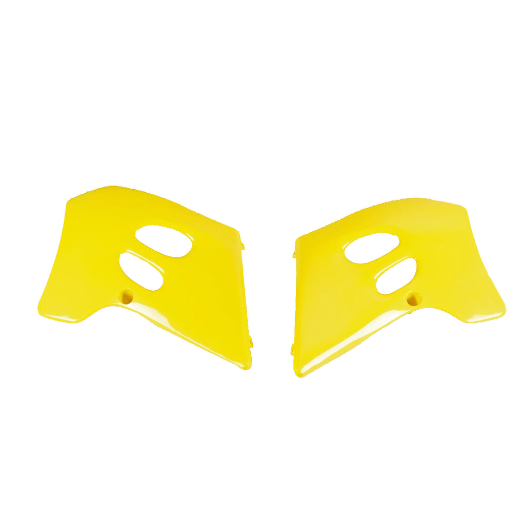 Polisport Plastics yellow radiator scoops for RM125/250 motocross bikes, body accessories, with mounting details visible.