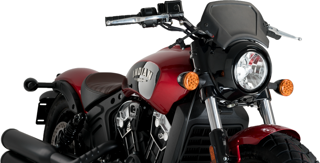 PUIG aluminium front plate in black for motorcycle body, featuring a sleek, durable design with mounting details visible.