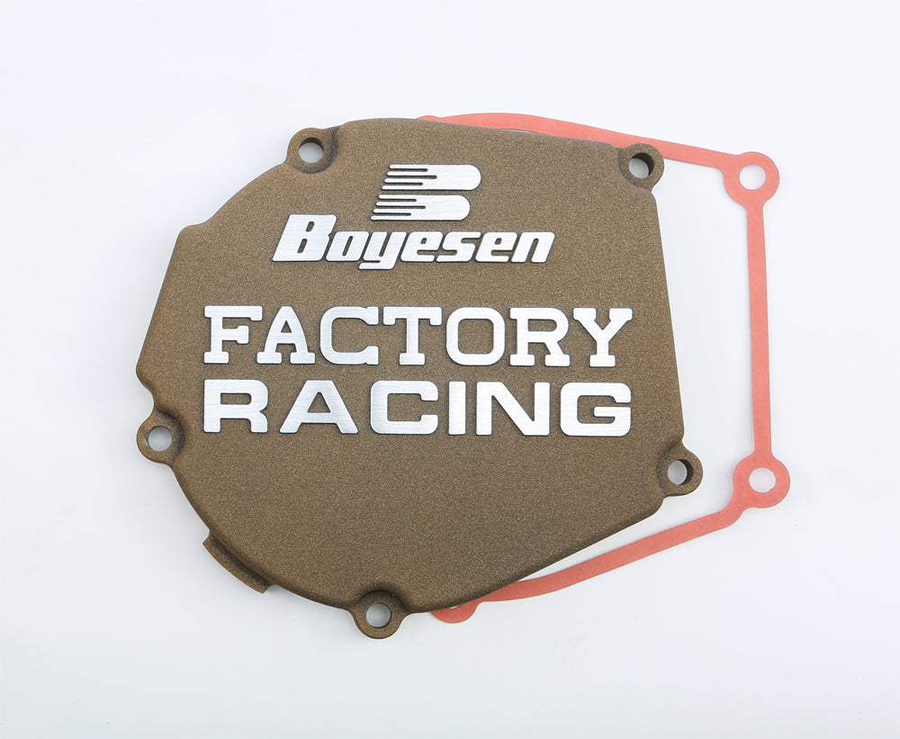 Boyesen Factory Racing Magnesium Ignition Cover for street bikes, showcasing a sleek metallic finish and precise fit.