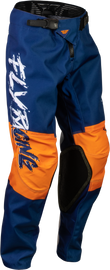 Fly Racing Youth Kinetic Khaos Pants in white, navy, and orange, size 20, shown with durable fabric and sporty design.