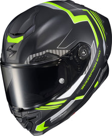 SCORPION EXO Apex Exo Warp full face helmet in Atarax black and Hi Vis, XL size, showing the sleek design and vibrant colors.