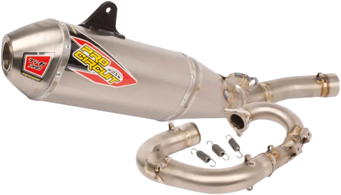 Pro Circuit Ti-6 Bc Pro titanium exhaust system with titanium end-cap, showcasing sleek metal pipe and polished finish.