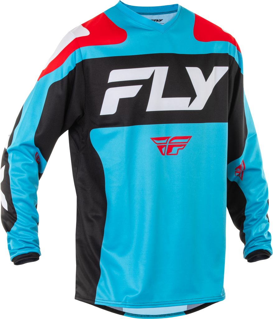 Fly Racing F-16 jersey in cyan, black, and white, featuring sleek racing design and lightweight fabric for motocross riding.
