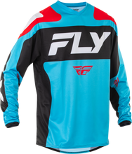 Load image into Gallery viewer, Fly Racing F-16 jersey in cyan, black, and white, featuring sleek racing design and lightweight fabric for motocross riding.