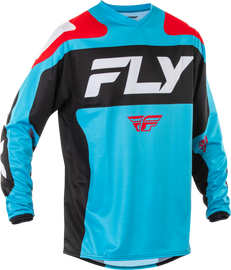 Fly Racing F-16 jersey in cyan, black, and white, featuring sleek racing design and lightweight fabric for motocross riding.