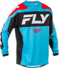 Fly Racing F-16 jersey in cyan, black, and white, featuring sleek racing design and lightweight fabric for motocross riding.