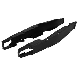Polisport Plastics black swingarm protector for motorcycles, showing close-up of durable plastic body part with mounting details.