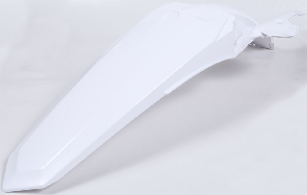 Polisport Plastics white rear fender for motorcycles, showing a close-up of the durable plastic fender with mounting points.