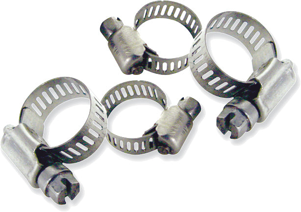 Motion Pro stainless steel hose clamps for intake, carb, and fuel systems, 7/16 to 25/32 inch, 10-pack, durable metal construction.