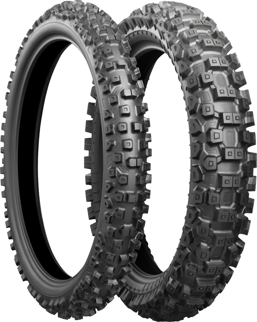 Bridgestone Battlecross X30 front motorcycle tire 70/100-19 bias tread with sidewall details, suitable for off-road riding.