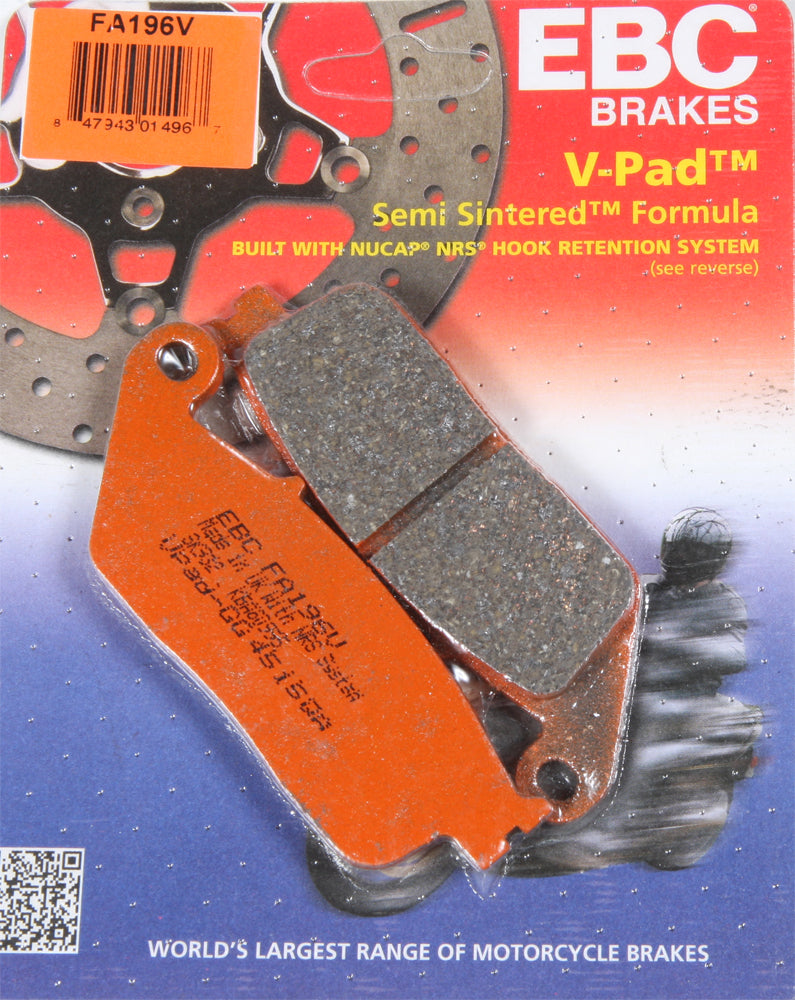 EBC Motorcycle Brakes V-Series 15-196V brake pads showing metal backing and friction material for motorcycle braking system