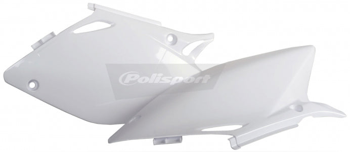 Polisport Plastics white side panels for body, model 64-6080, shown on a motorcycle with a close-up view of the panels.