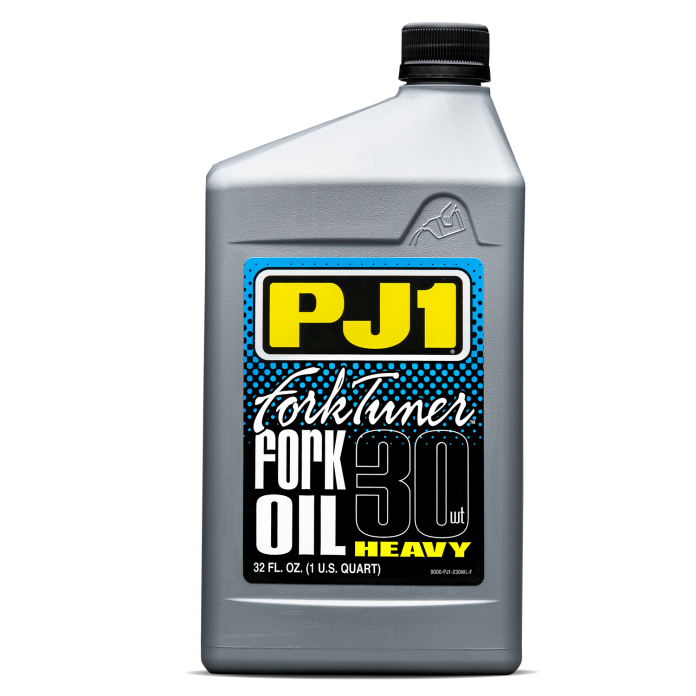 PJ1 Products Fork Tuner Oil 30w bottle with label, 32oz size, used for motorcycle fork maintenance and suspension tuning.