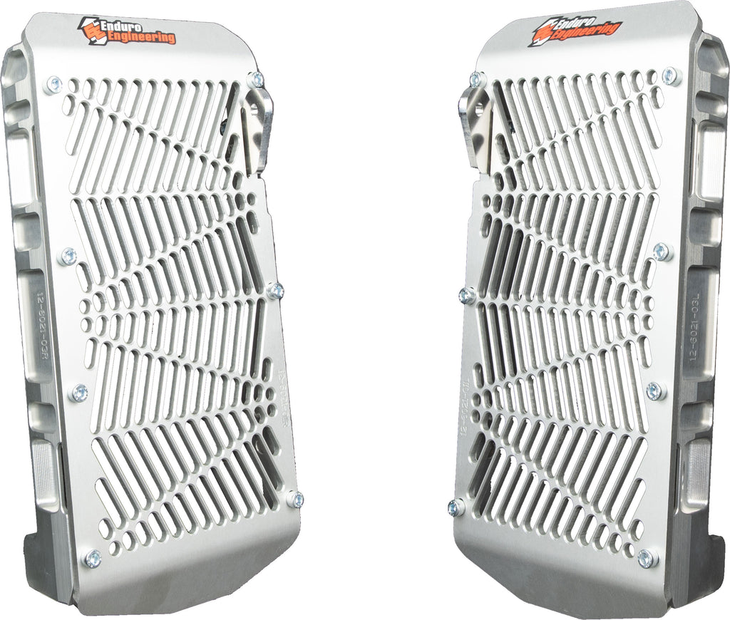 Enduro Engineering billet radiator guard for Honda, showcasing durable metal construction and precise fit for motorcycle protection.