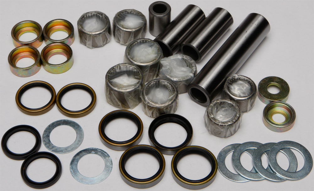 All Balls suspension linkage kit with bearings and seals, including multiple components arranged for motorcycle suspension repair.