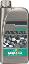 Load image into Gallery viewer, Motorex Racing Shock Oil 1L bottle, orange label, used for motorcycle and vehicle suspension shocks, in a retail display.