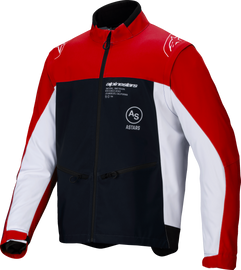 Alpine Star Lite-Dura Softshell Jacket in black, bright red, and white, shown on a hanger with front zipper and softshell material.