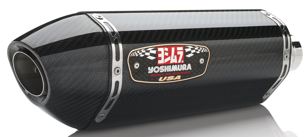 Yoshimura R-77 Slip-On exhaust with stainless steel and carbon fiber dual canisters on a motorcycle.