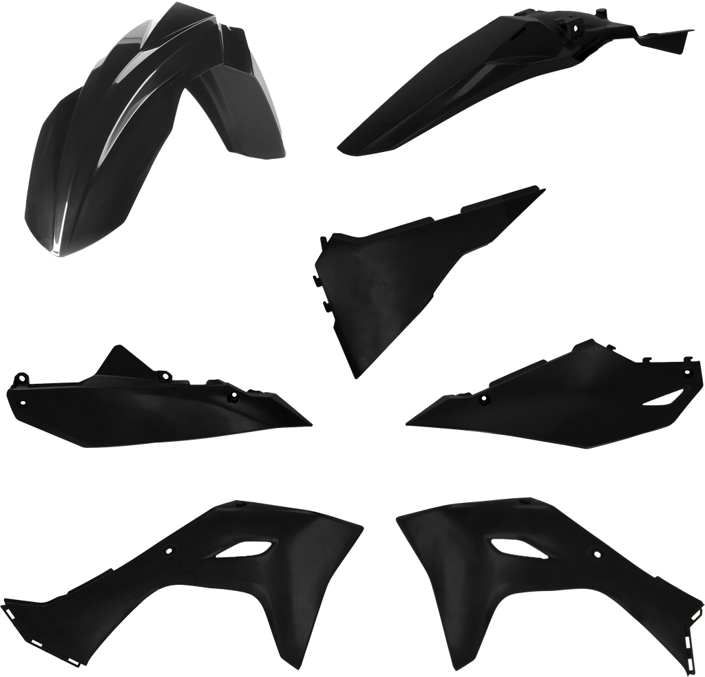Acerbis black plastic body kit for Kawasaki motorcycles, featuring durable replacement panels and fairings.