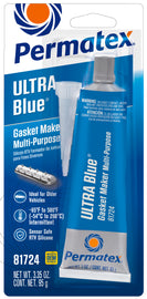 Permatex Ultra Blue RTV silicone sealant in 3.5oz tube, shown in the image, ideal for automotive and household sealing applications.