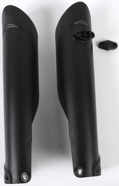Black Acerbis fork covers for motorcycles, featuring the 24012-60001 model, with a close-up view showing texture and attachment points.